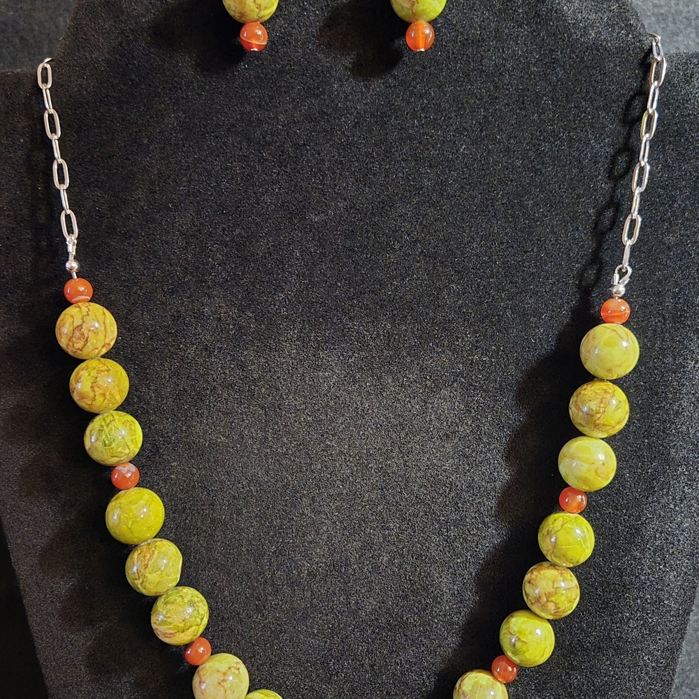 Artisan Lime Green Sea Sediment Jasper and Carnelian Necklace and Earring Set